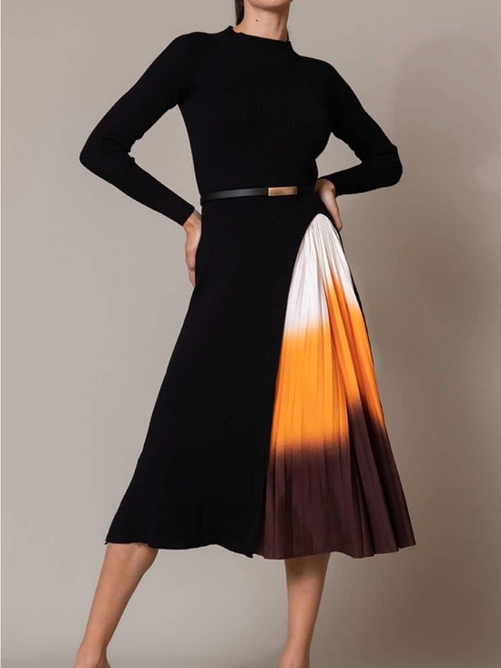 Dresses & Skirts - Black Midi  Sweater Dress with Orange Ombre Pleat
